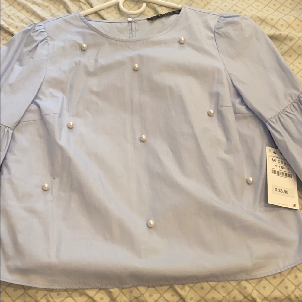 ZARA Bell sleeve blue top with pearls